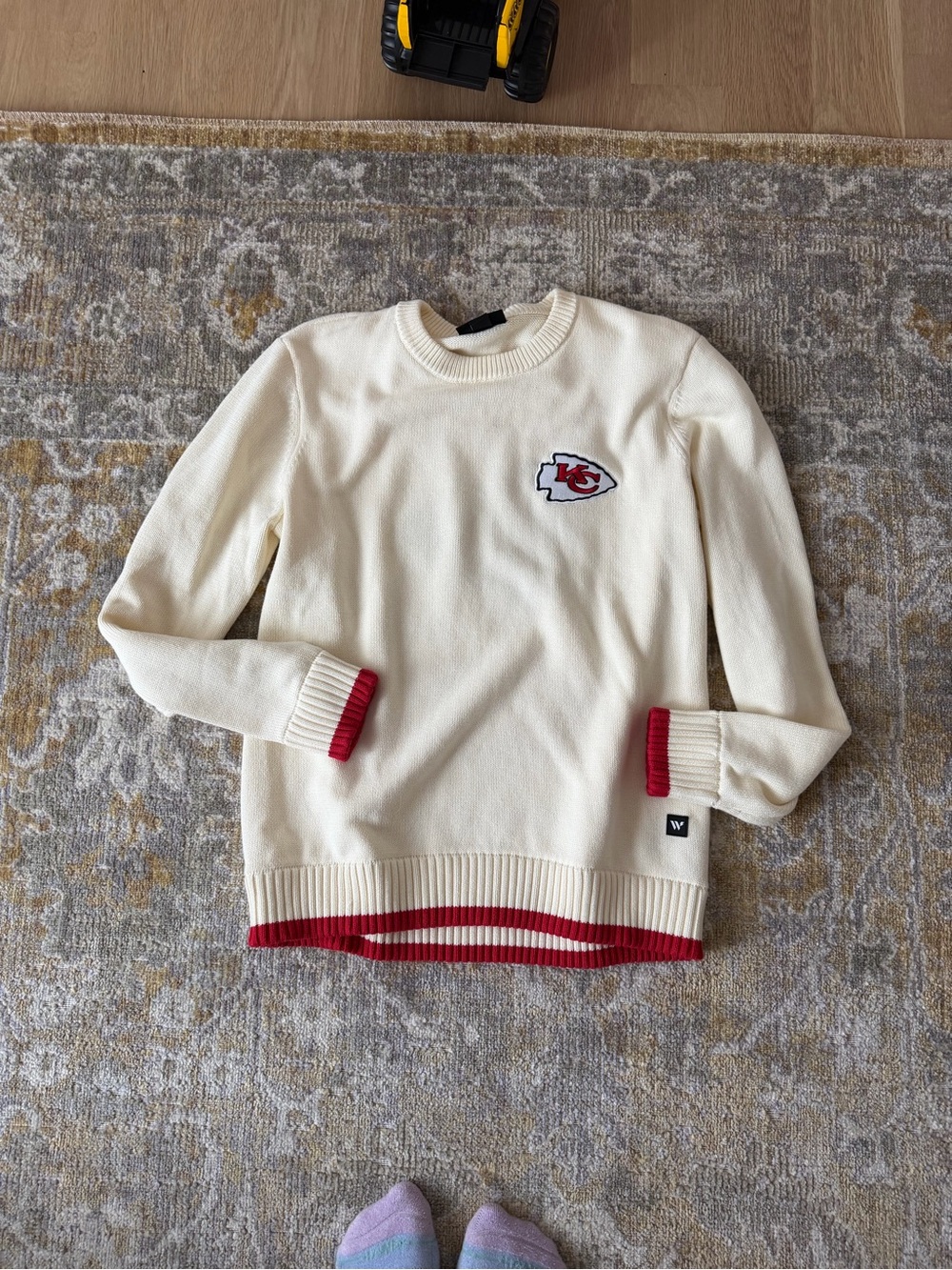 Cream Kansas City Chiefs Crewneck Sweater with Red Trim and Embroidered Logo
